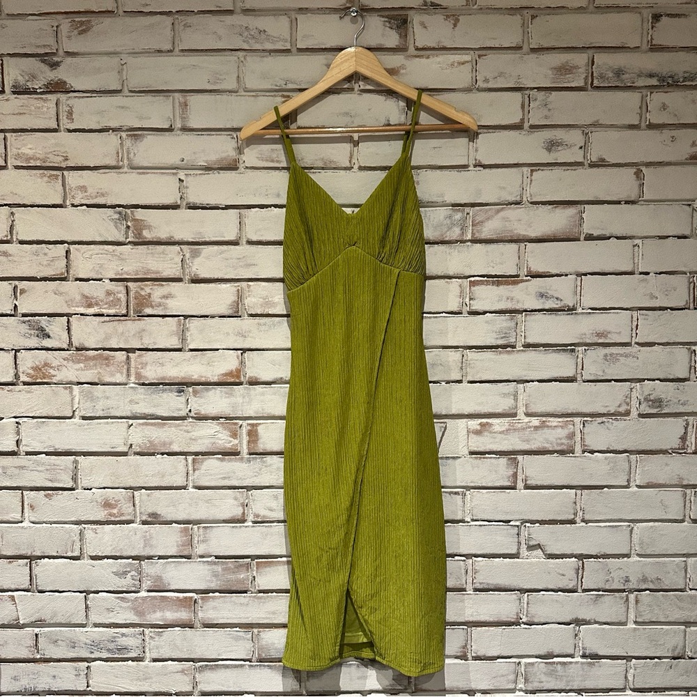 Lulus View and I Chartreuse Tie-Back Faux-Wrap Midi Dress